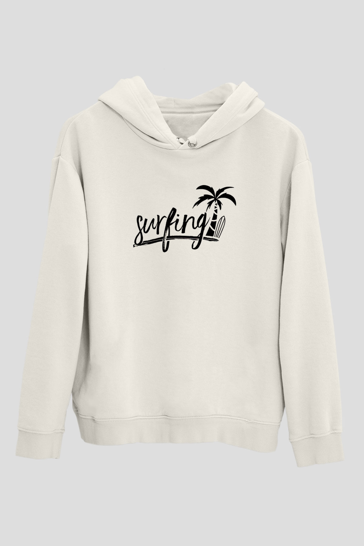 Sörf Baskılı Unisex Ekru Hoodie
