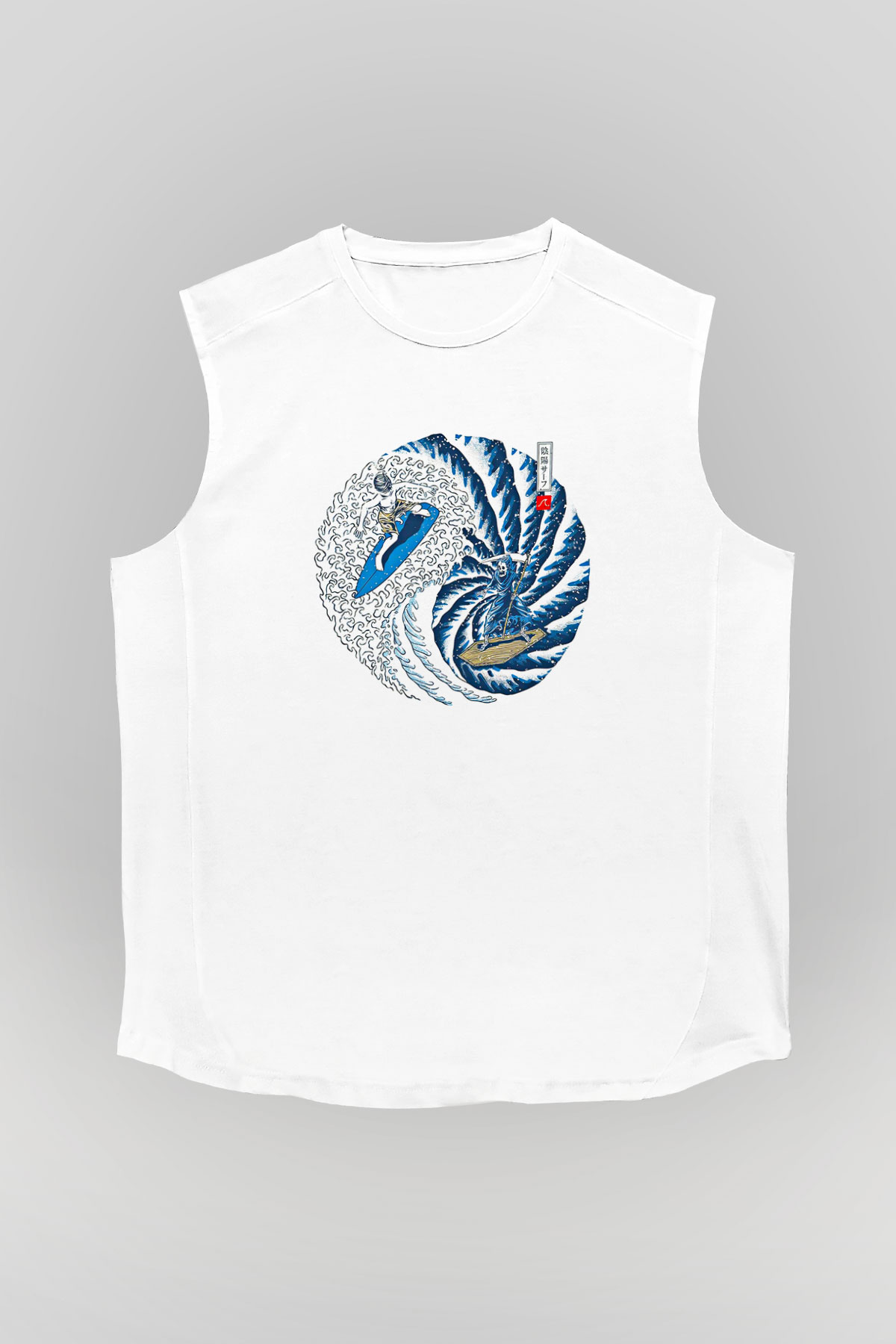 Sörf Baskılı Unisex Kolsuz Beyaz Tişört