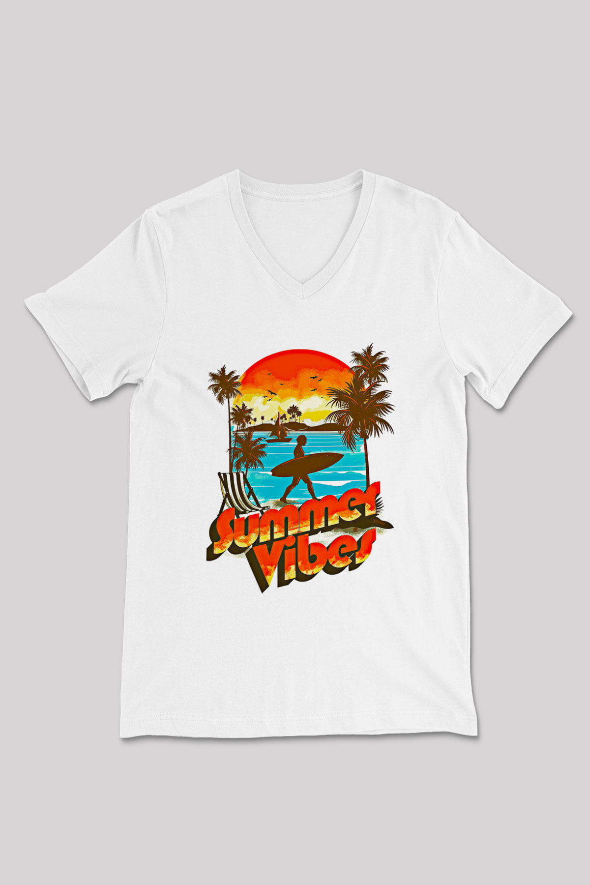 Sörf Baskılı Unisex V Yaka Tişört - Tshirt