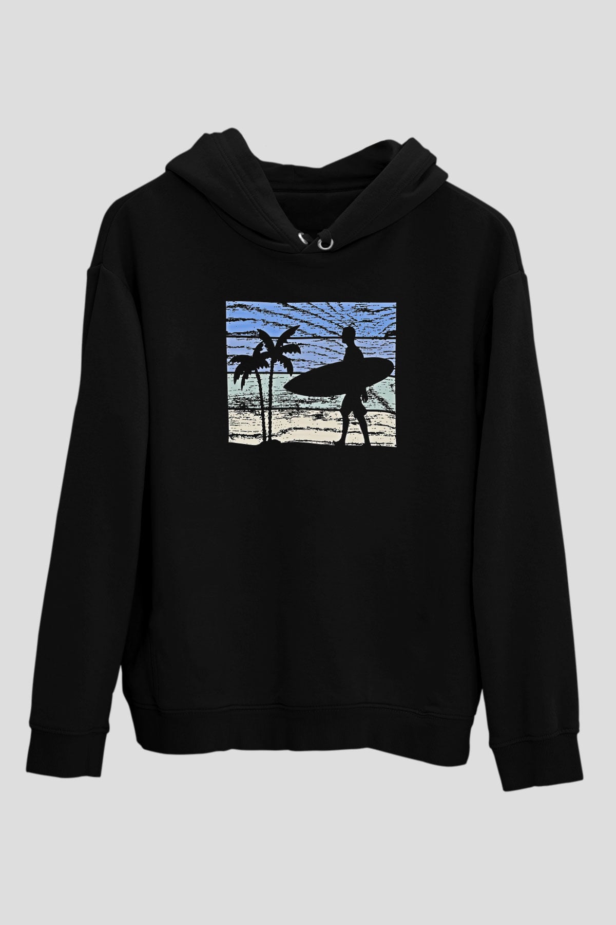 Sörf - Surfing Baskılı Unisex Siyah Kapüşonlu Sweatshirt