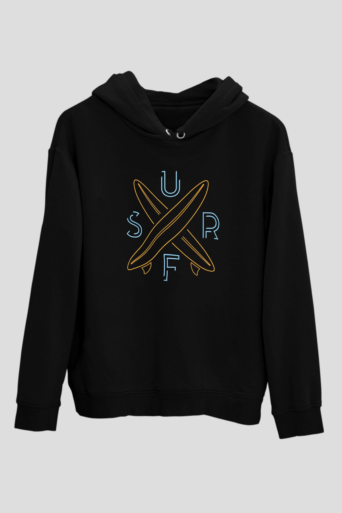 Sörf - Surfing Baskılı Unisex Siyah Kapüşonlu Sweatshirt