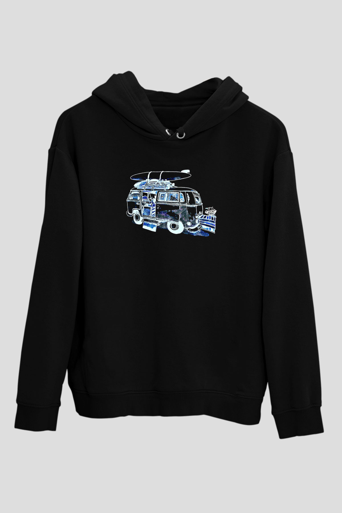 Sörf - Surfing Baskılı Unisex Siyah Kapüşonlu Sweatshirt