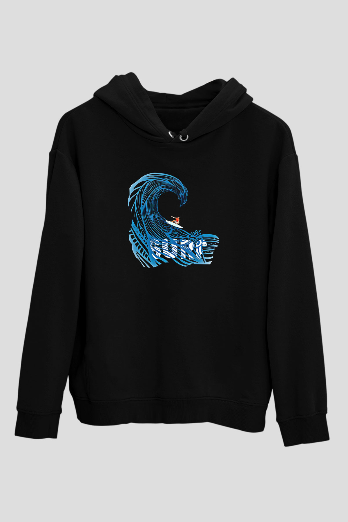 Sörf - Surfing Baskılı Unisex Siyah Kapüşonlu Sweatshirt