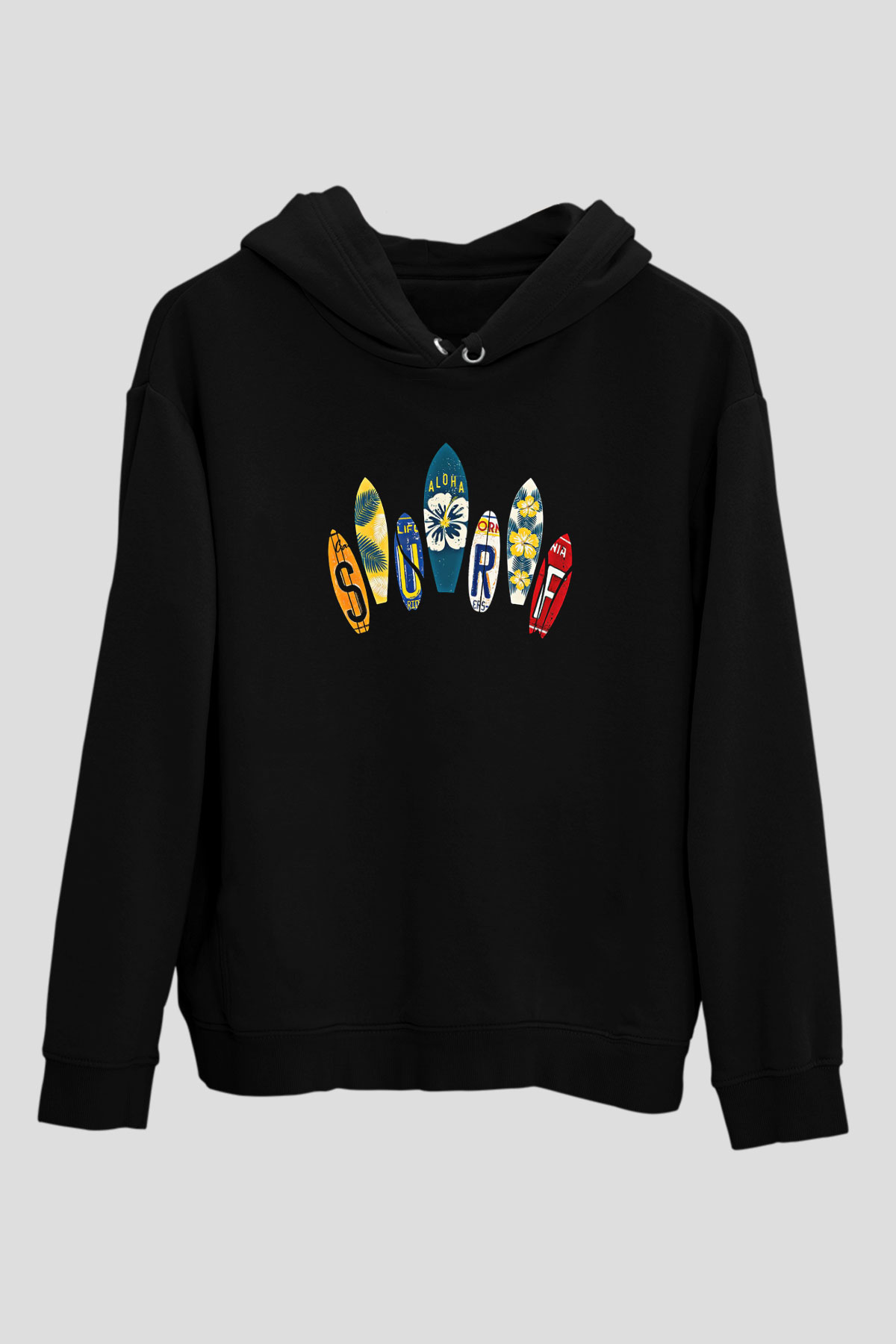 Sörf - Surfing Baskılı Unisex Siyah Kapüşonlu Sweatshirt