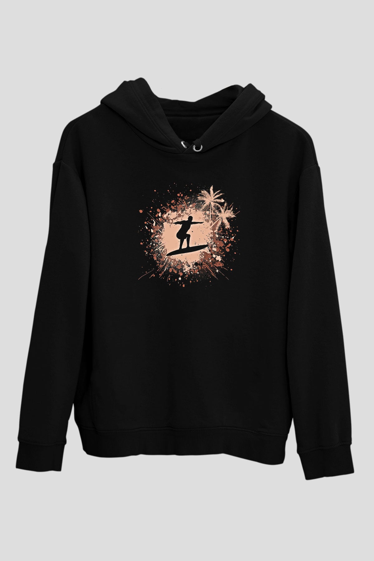 Sörf - Surfing Baskılı Unisex Siyah Kapüşonlu Sweatshirt