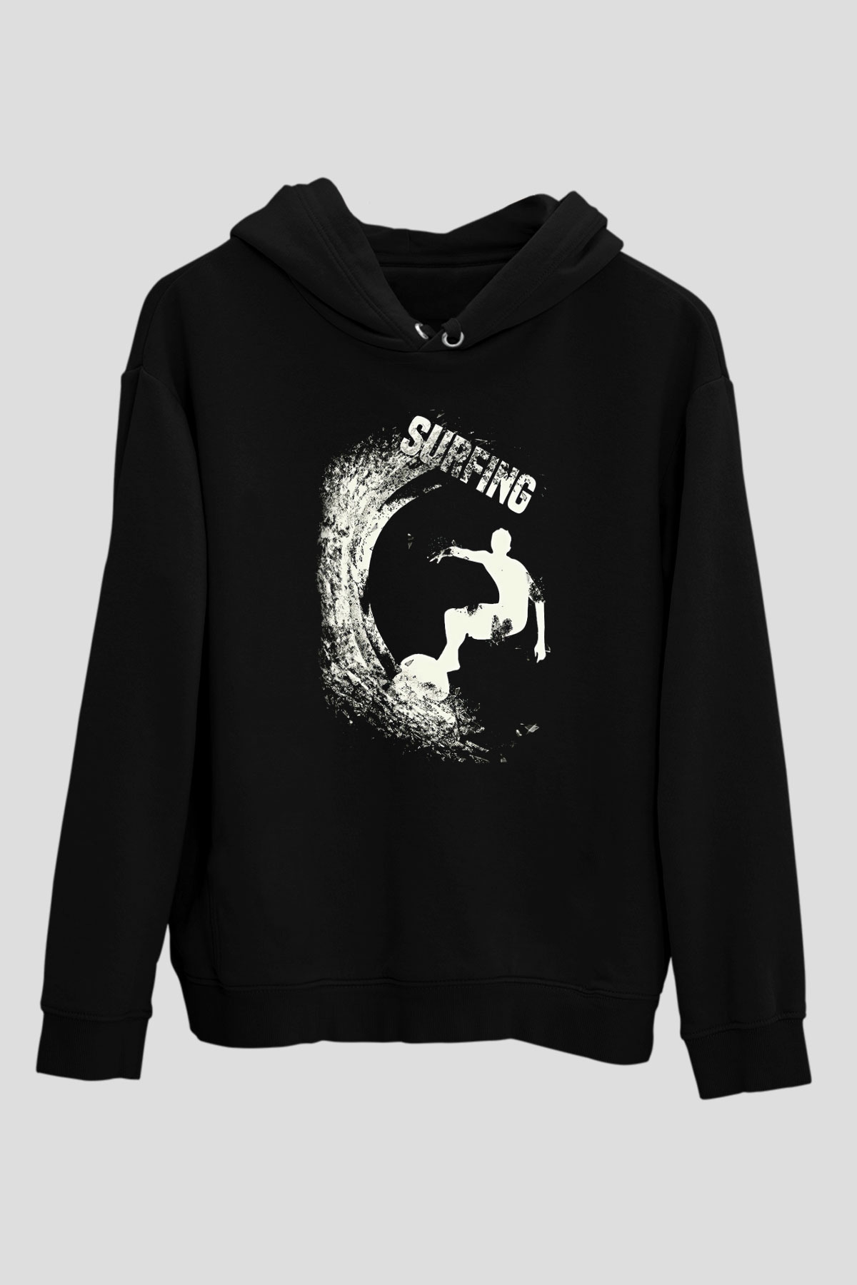 Sörf - Surfing Baskılı Unisex Siyah Kapüşonlu Sweatshirt