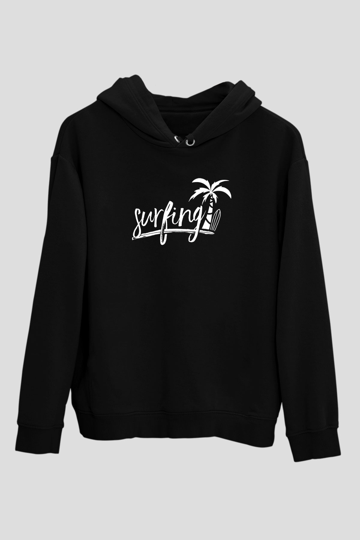 Sörf - Surfing Baskılı Unisex Siyah Kapüşonlu Sweatshirt