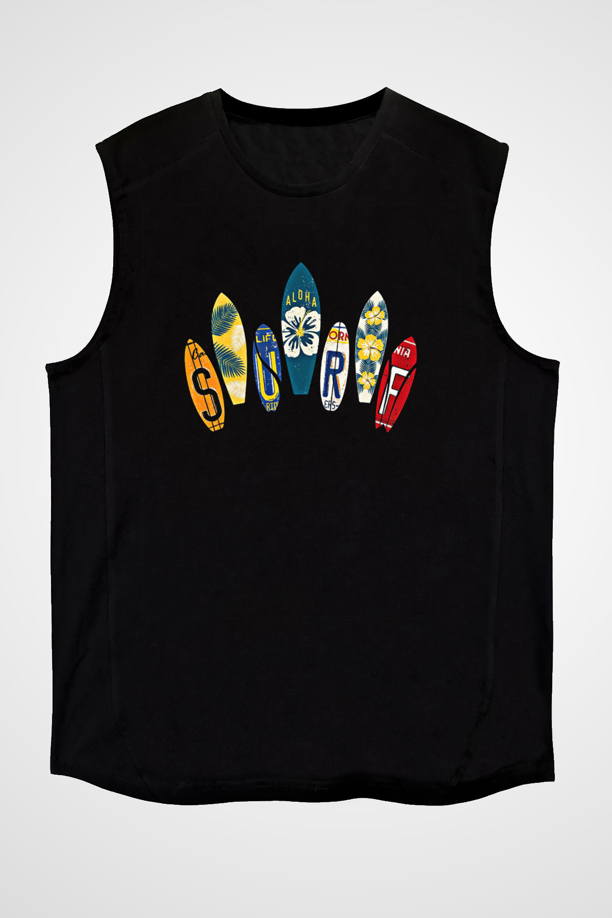Sörf - Surfing Baskılı Unisex Siyah Kolsuz Tişört