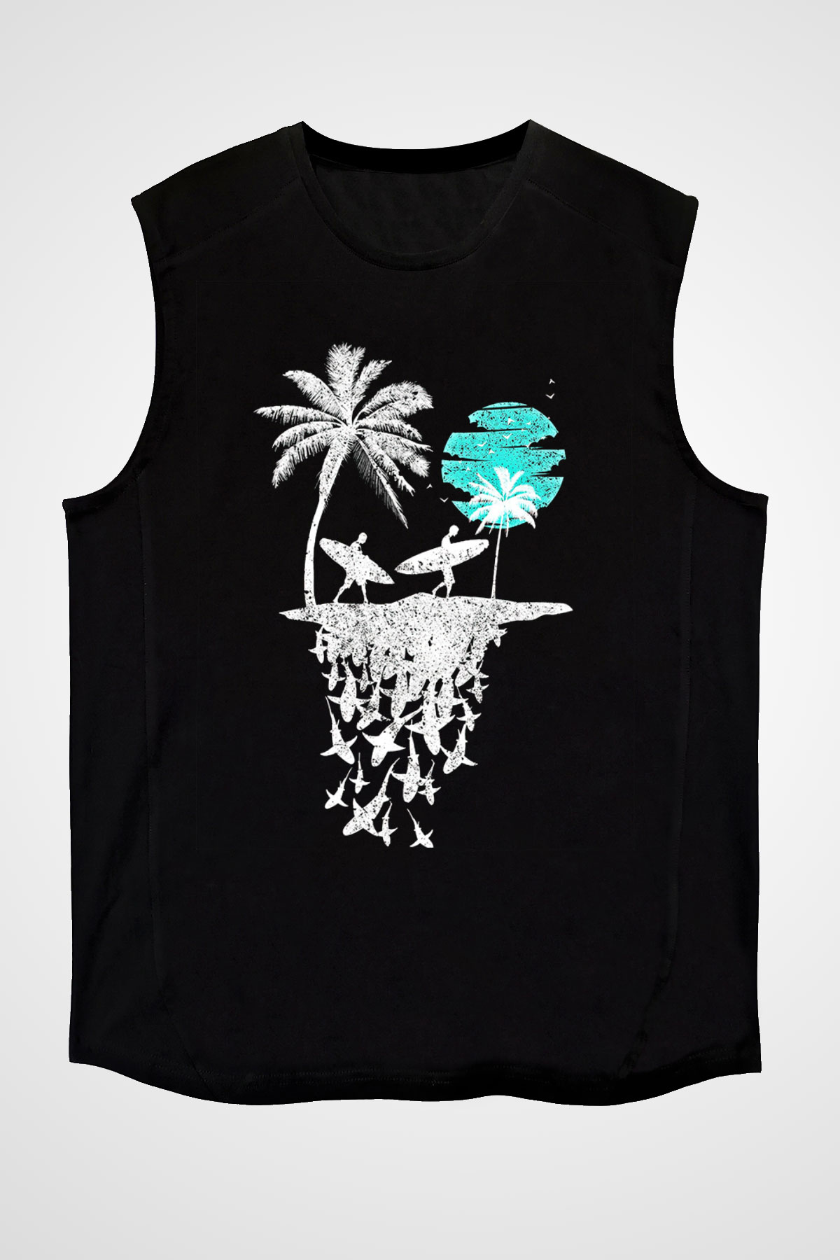 Sörf - Surfing Baskılı Unisex Siyah Kolsuz Tişört
