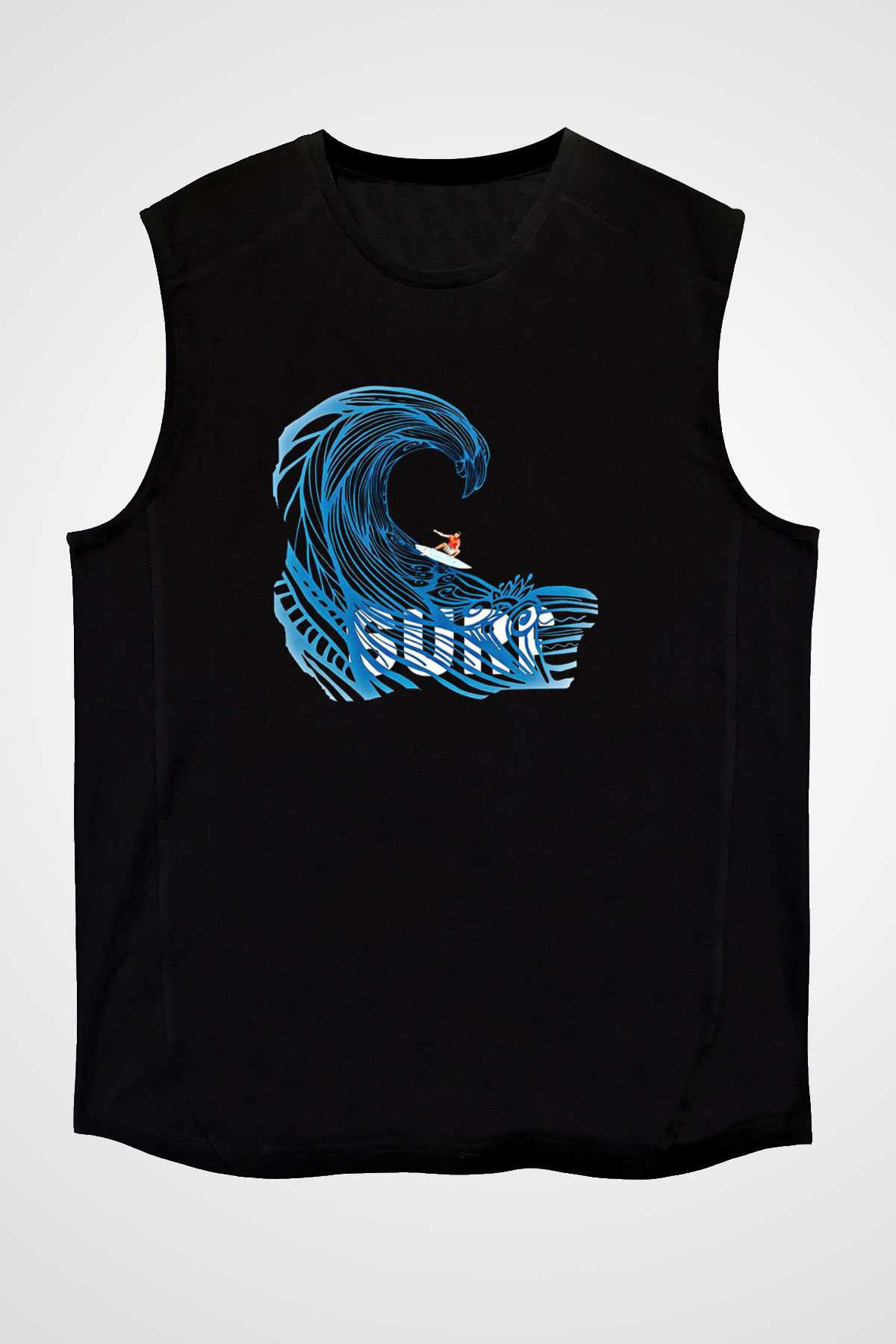 Sörf - Surfing Baskılı Unisex Siyah Kolsuz Tişört