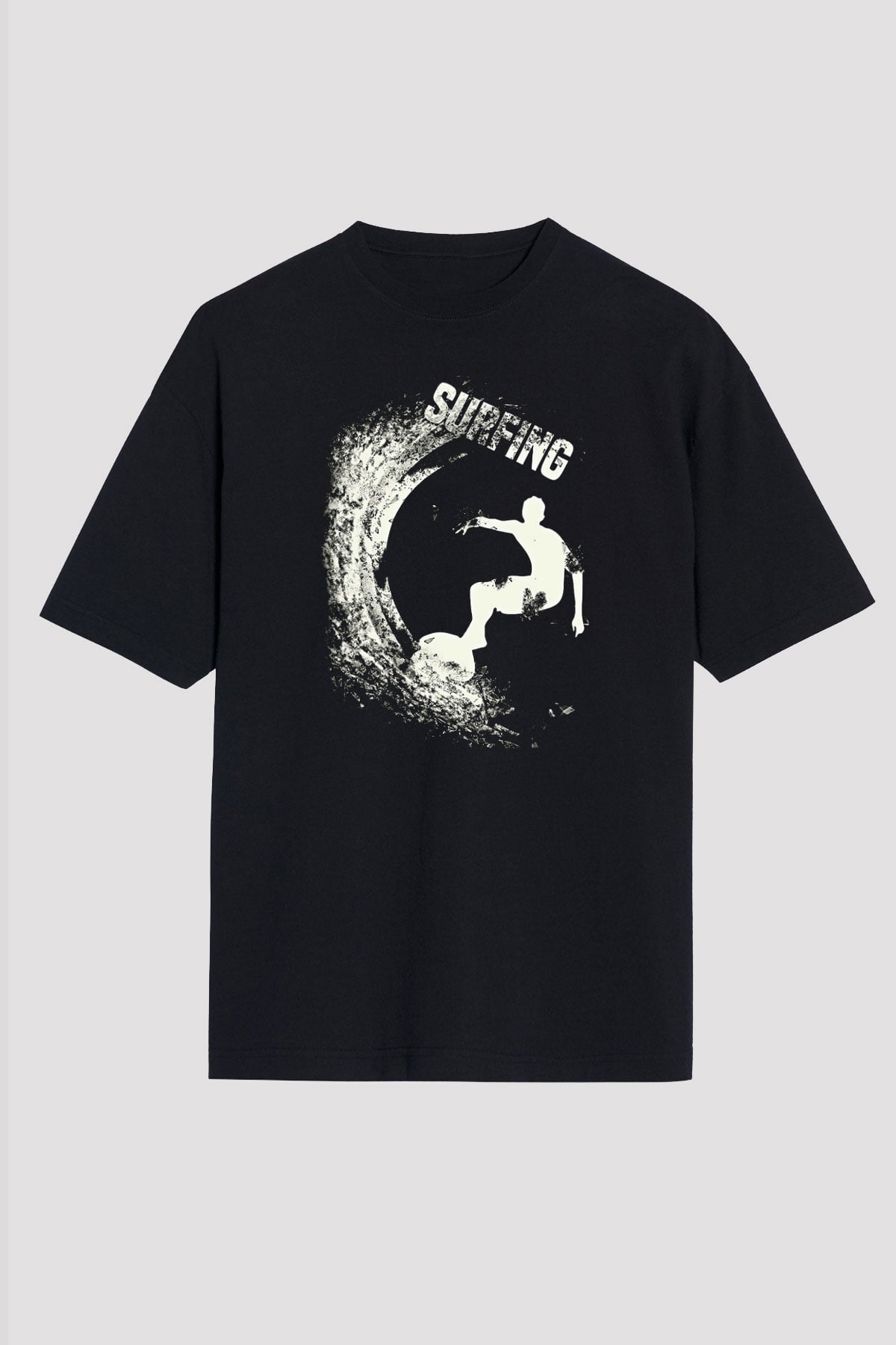 Sörf - Surfing Baskılı Unisex Siyah Oversize Tişört