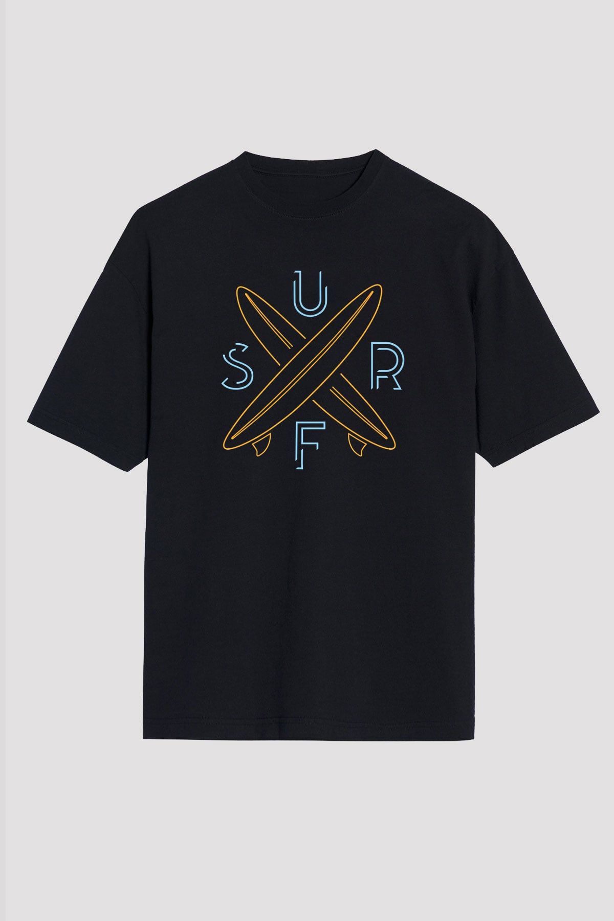 Sörf - Surfing Baskılı Unisex Siyah Oversize Tişört