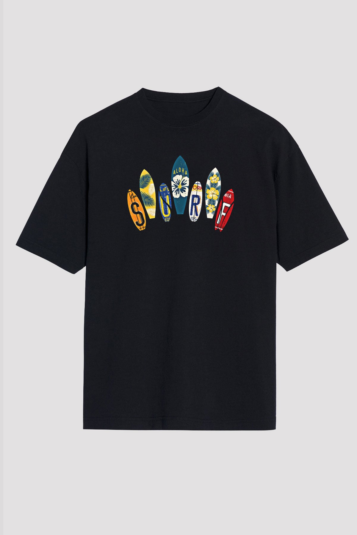Sörf - Surfing Baskılı Unisex Siyah Oversize Tişört