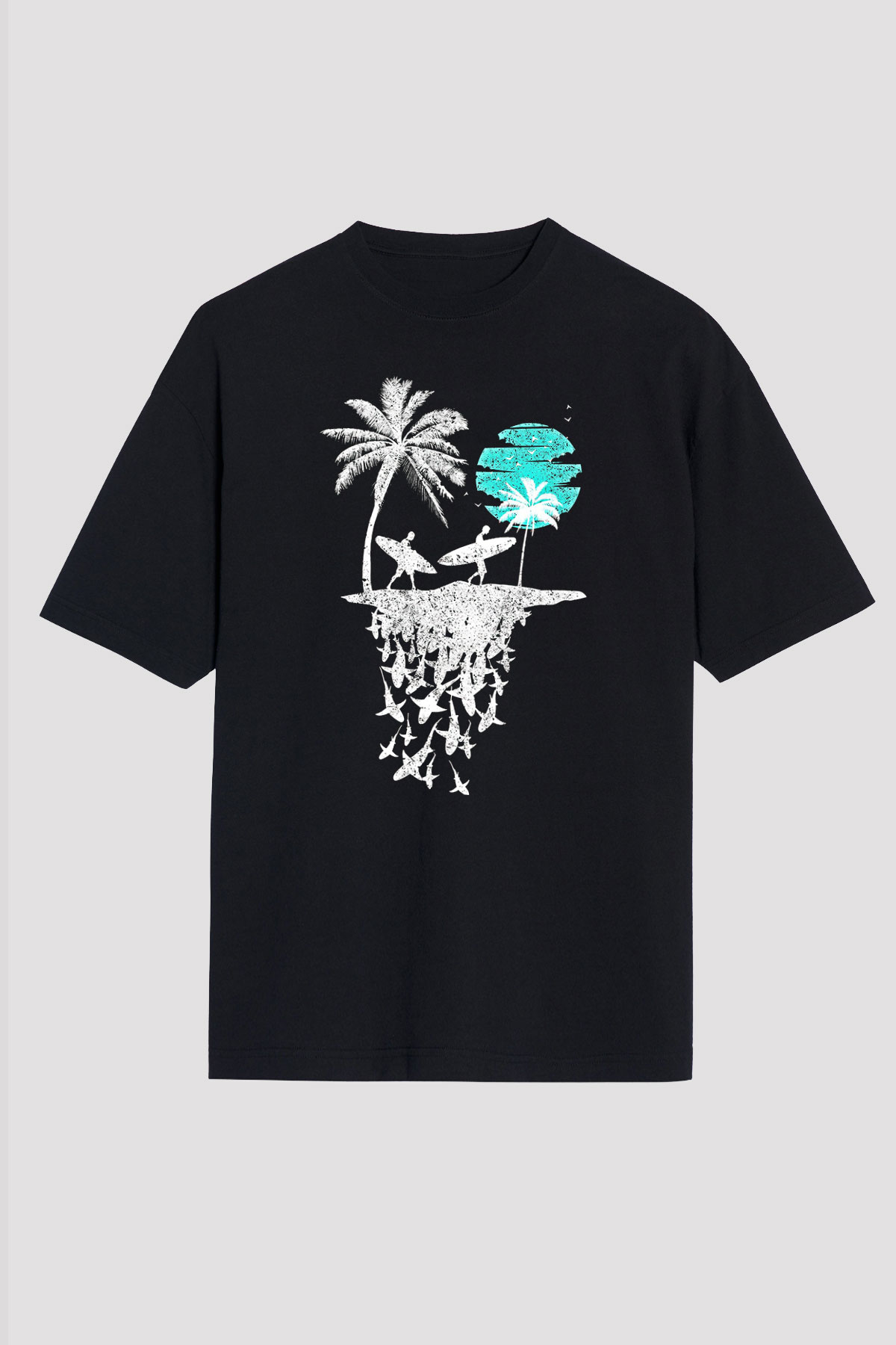 Sörf - Surfing Baskılı Unisex Siyah Oversize Tişört