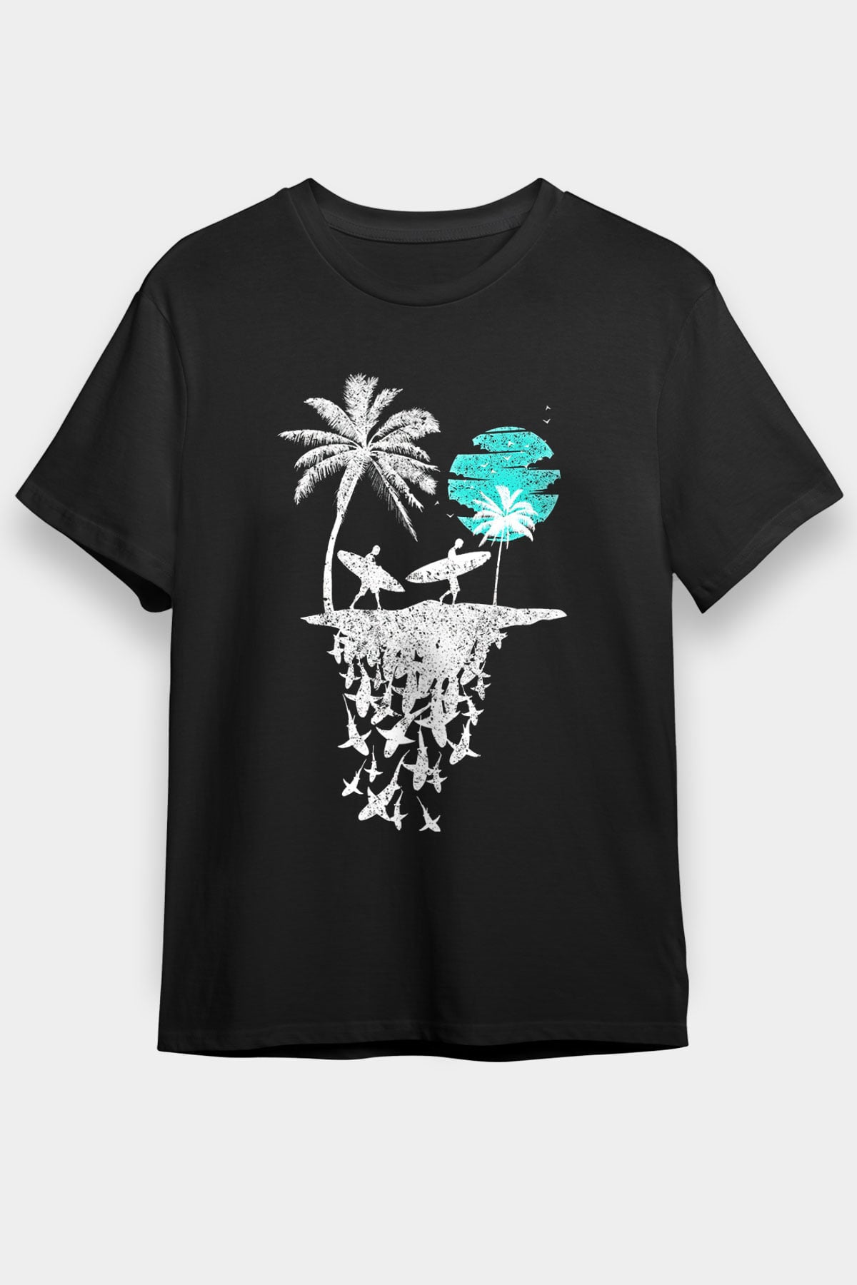 Sörf - Surfing Baskılı Unisex Siyah Tişört - Tshirt