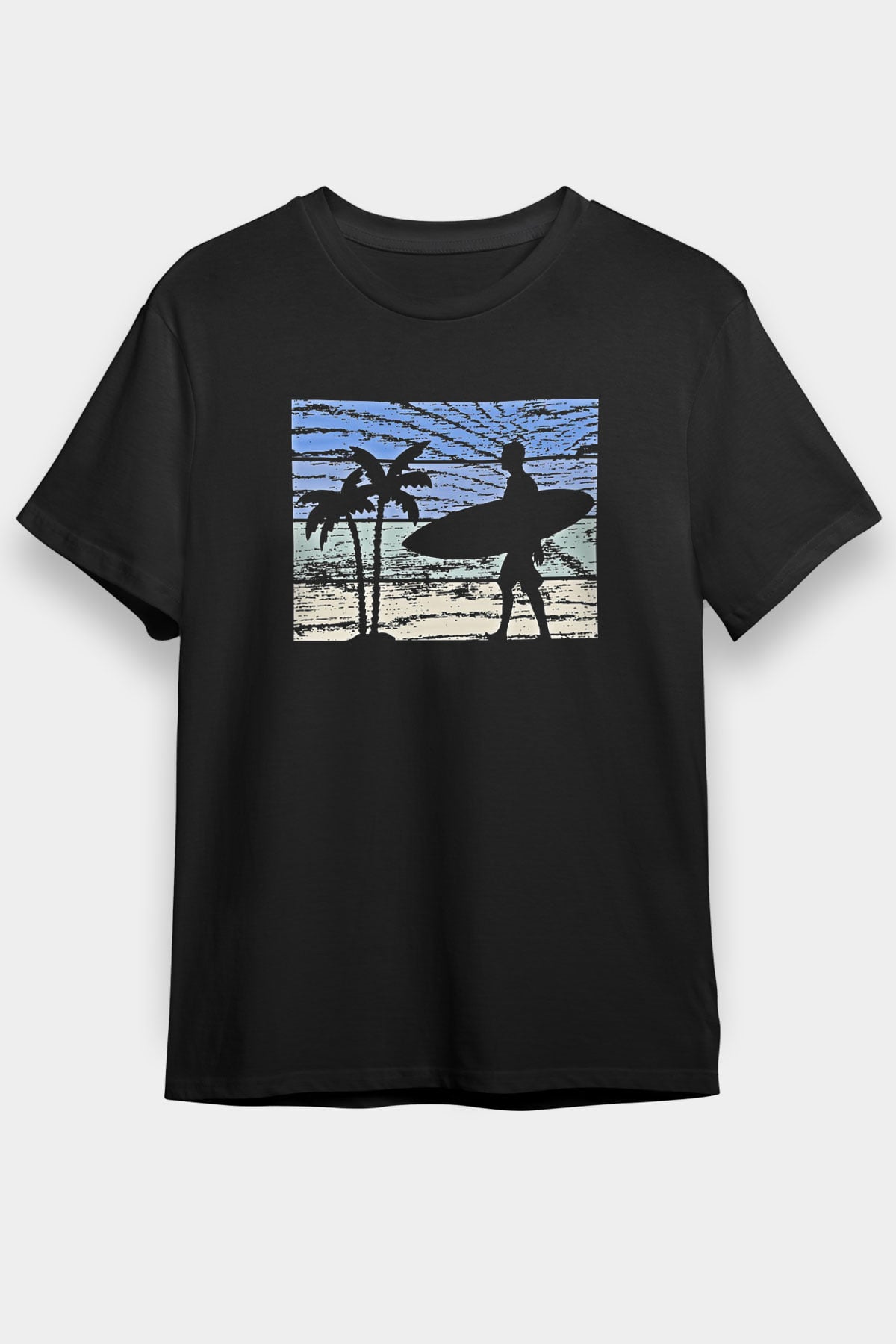Sörf - Surfing Baskılı Unisex Siyah Tişört - Tshirt