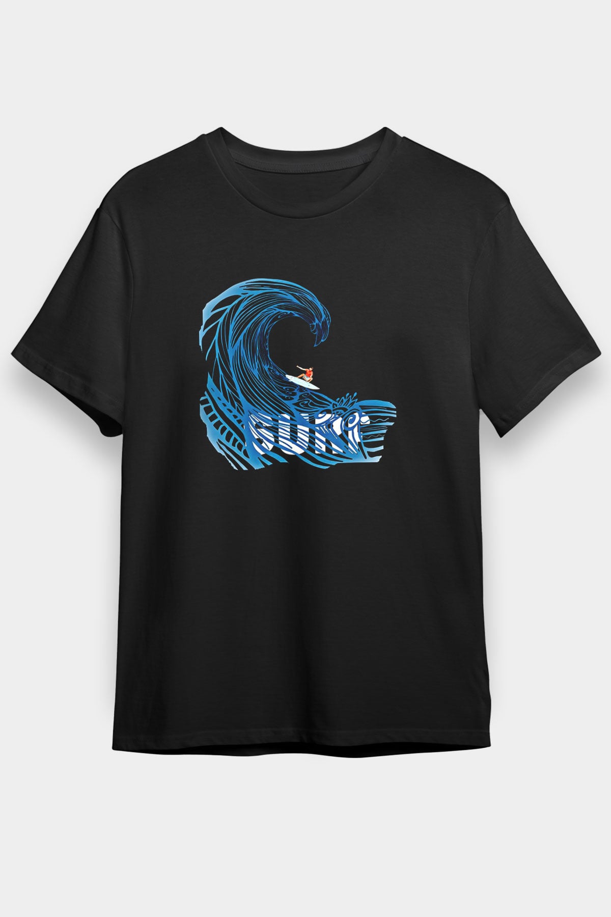 Sörf - Surfing Baskılı Unisex Siyah Tişört - Tshirt