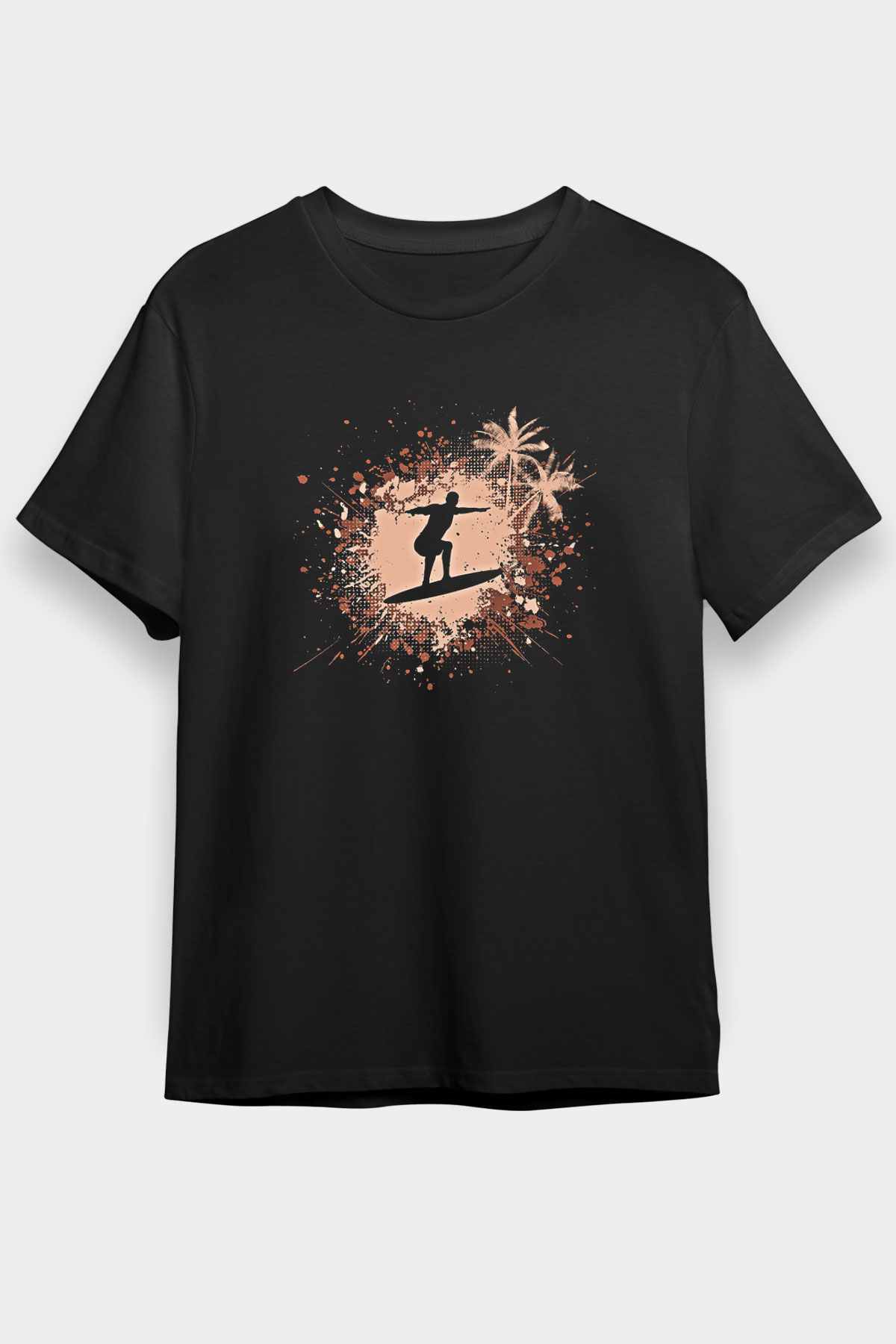 Sörf - Surfing Baskılı Unisex Siyah Tişört - Tshirt