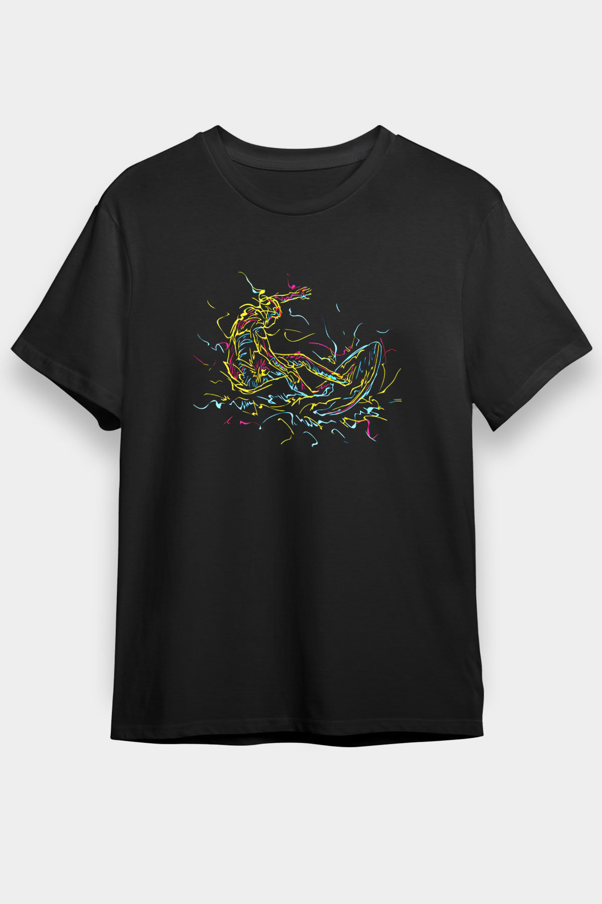 Sörf - Surfing Baskılı Unisex Siyah Tişört - Tshirt