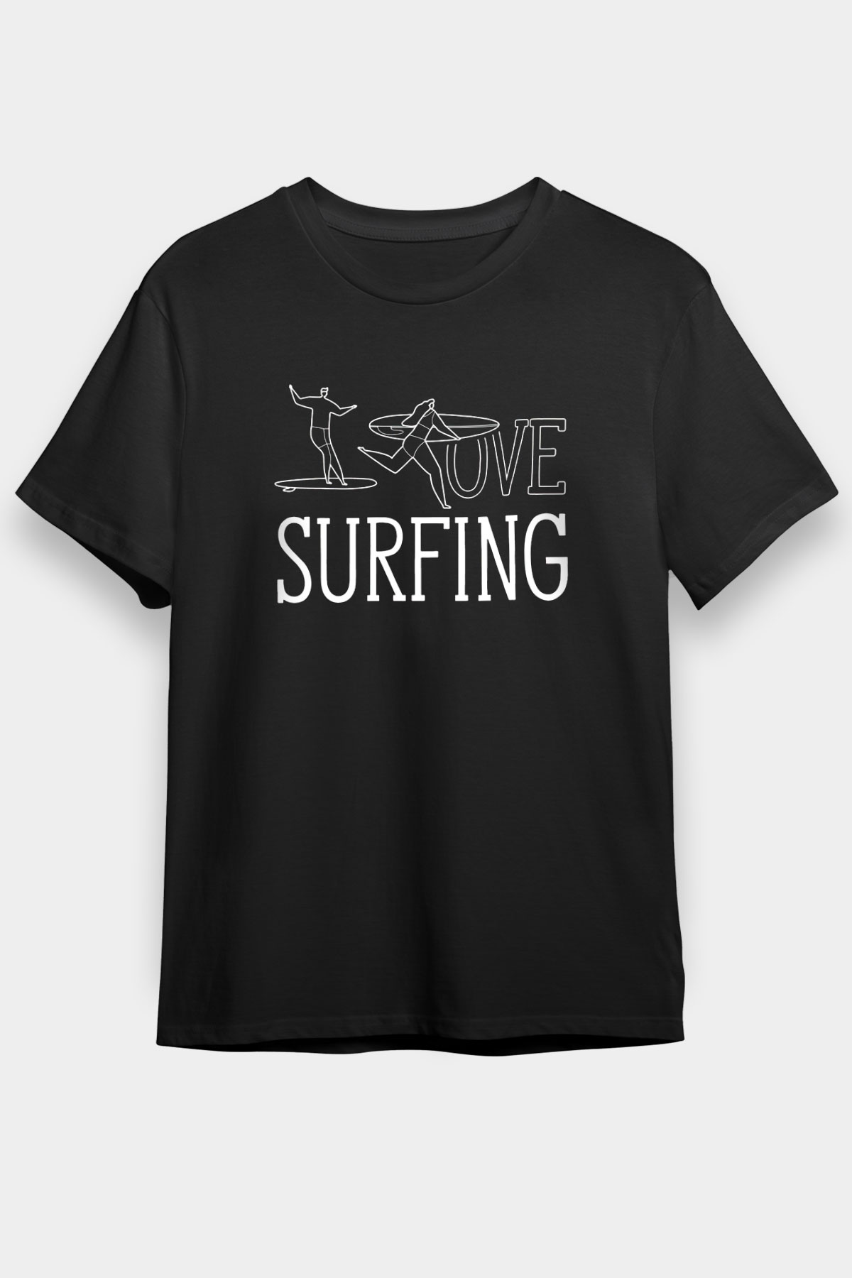 Sörf - Surfing Baskılı Unisex Siyah Tişört - Tshirt