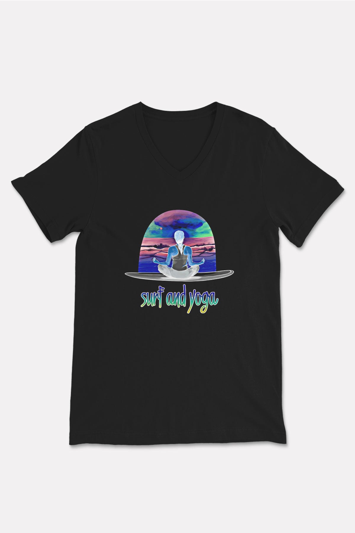 Sörf - Surfing Baskılı Unisex Siyah V Yaka Tişört