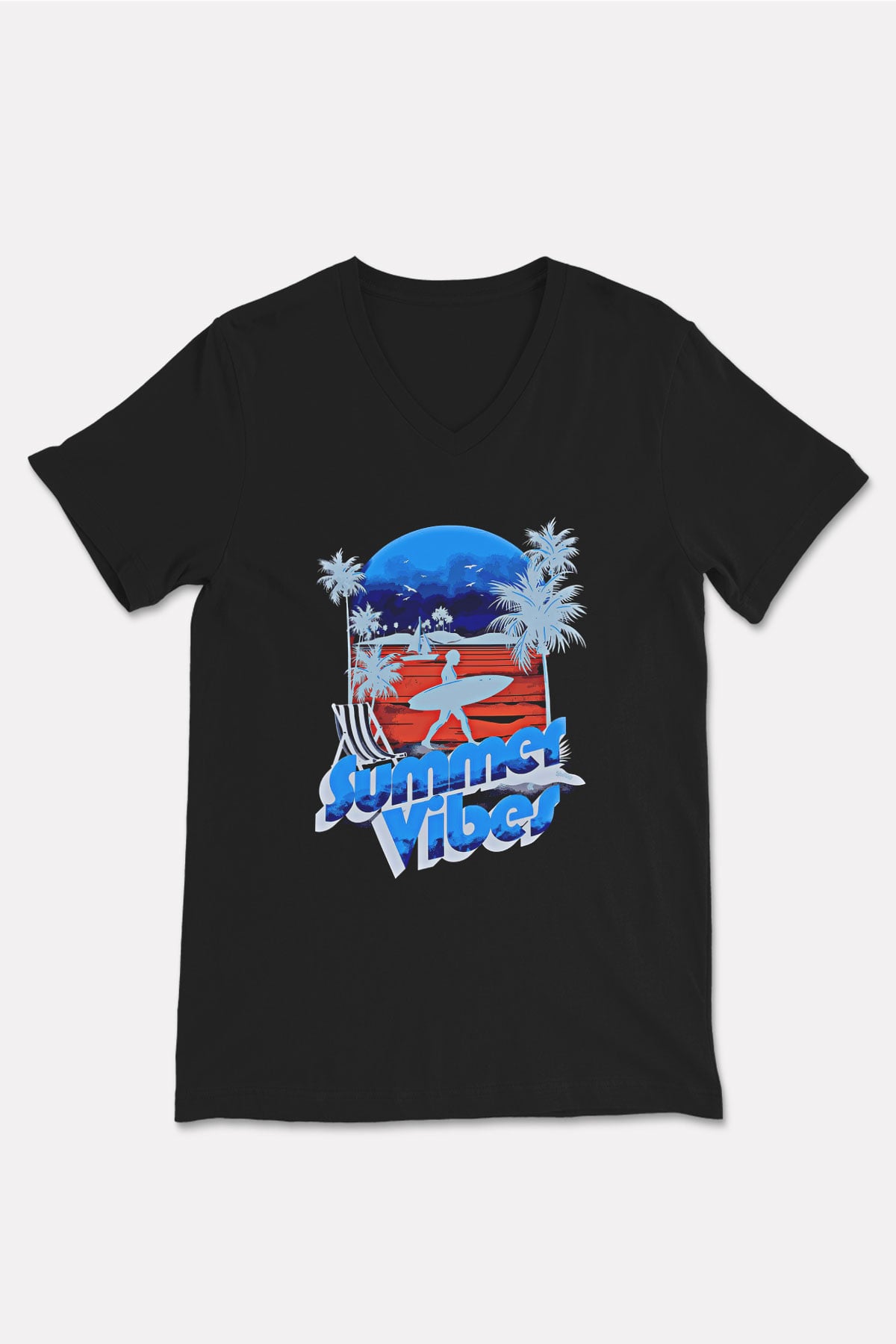 Sörf - Surfing Baskılı Unisex Siyah V Yaka Tişört