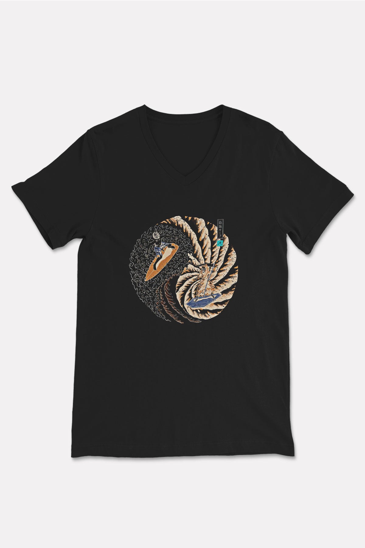 Sörf - Surfing Baskılı Unisex Siyah V Yaka Tişört