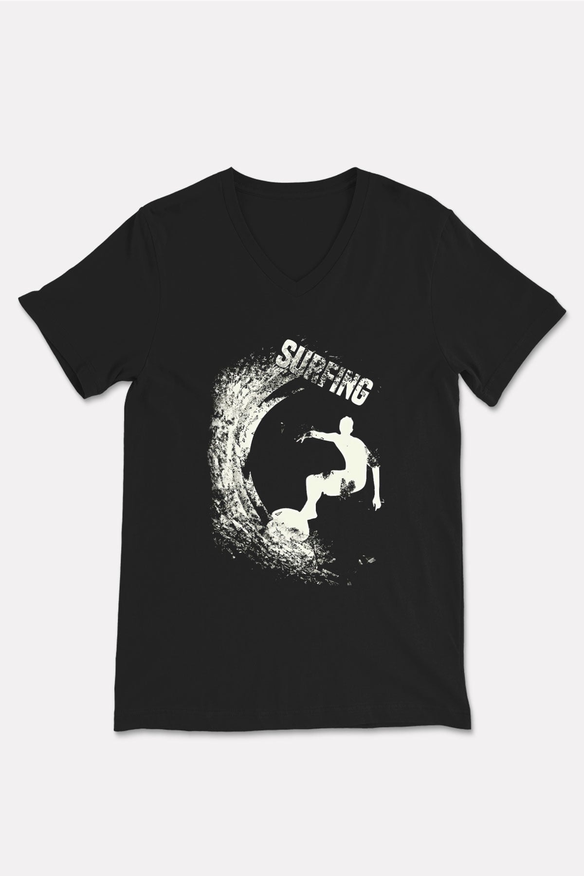 Sörf - Surfing Baskılı Unisex Siyah V Yaka Tişört