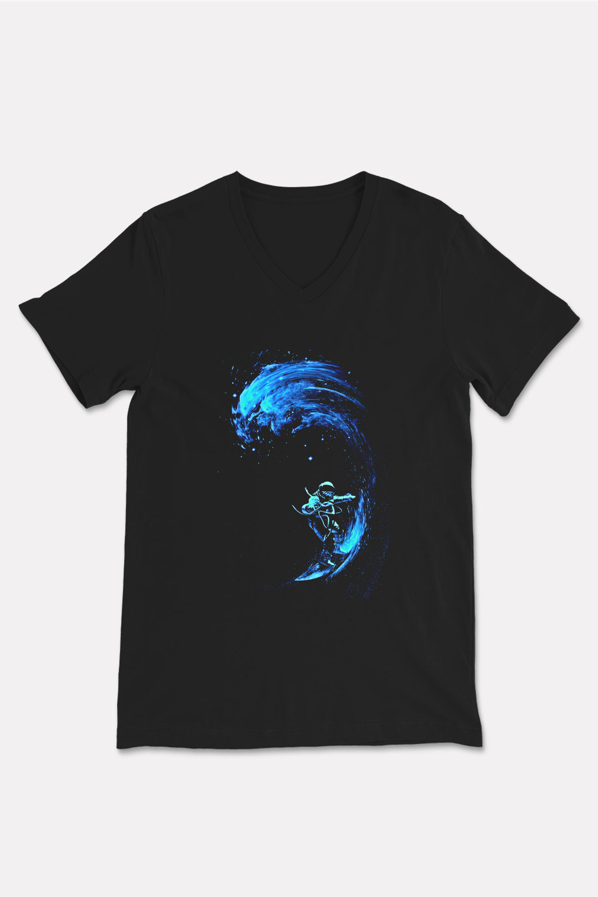 Sörf - Surfing Baskılı Unisex Siyah V Yaka Tişört