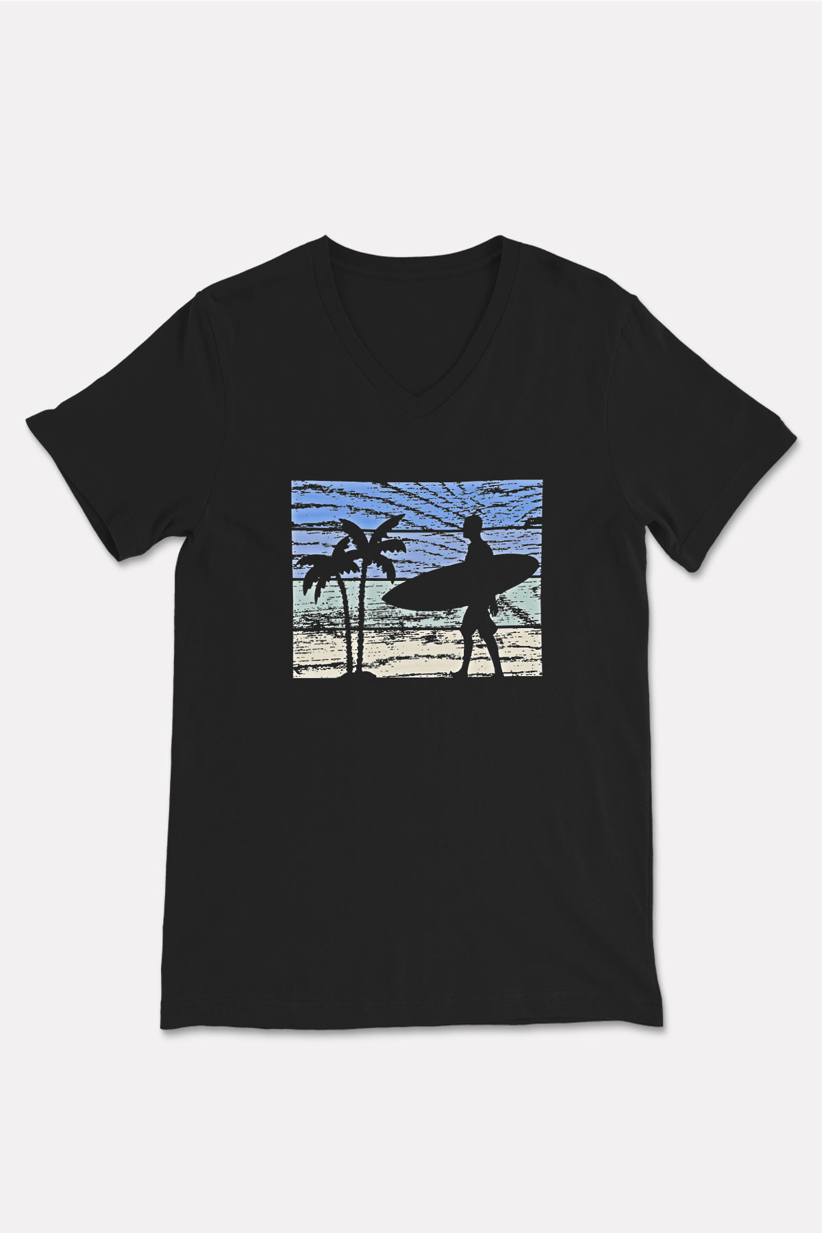 Sörf - Surfing Baskılı Unisex Siyah V Yaka Tişört