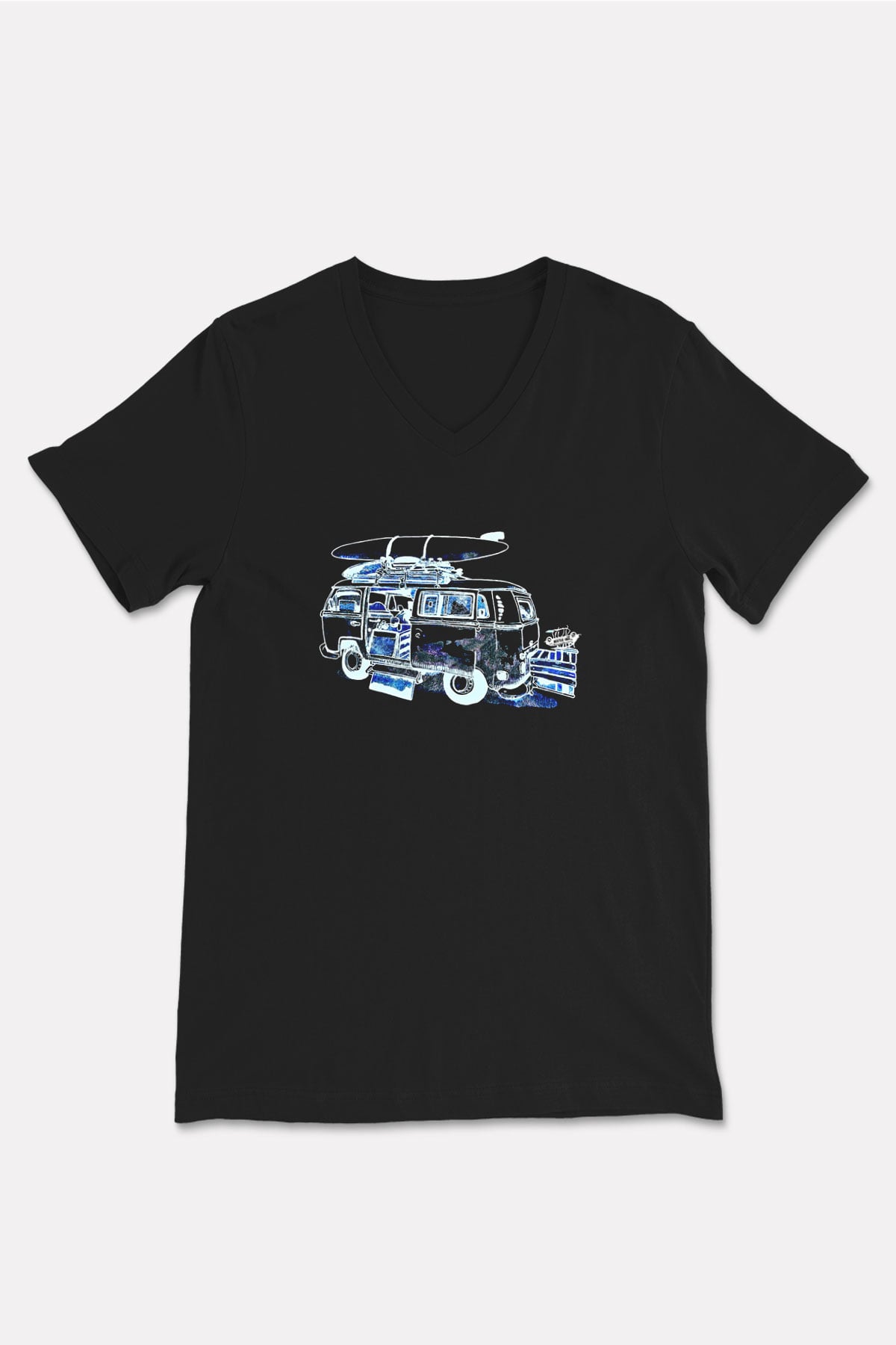 Sörf - Surfing Baskılı Unisex Siyah V Yaka Tişört