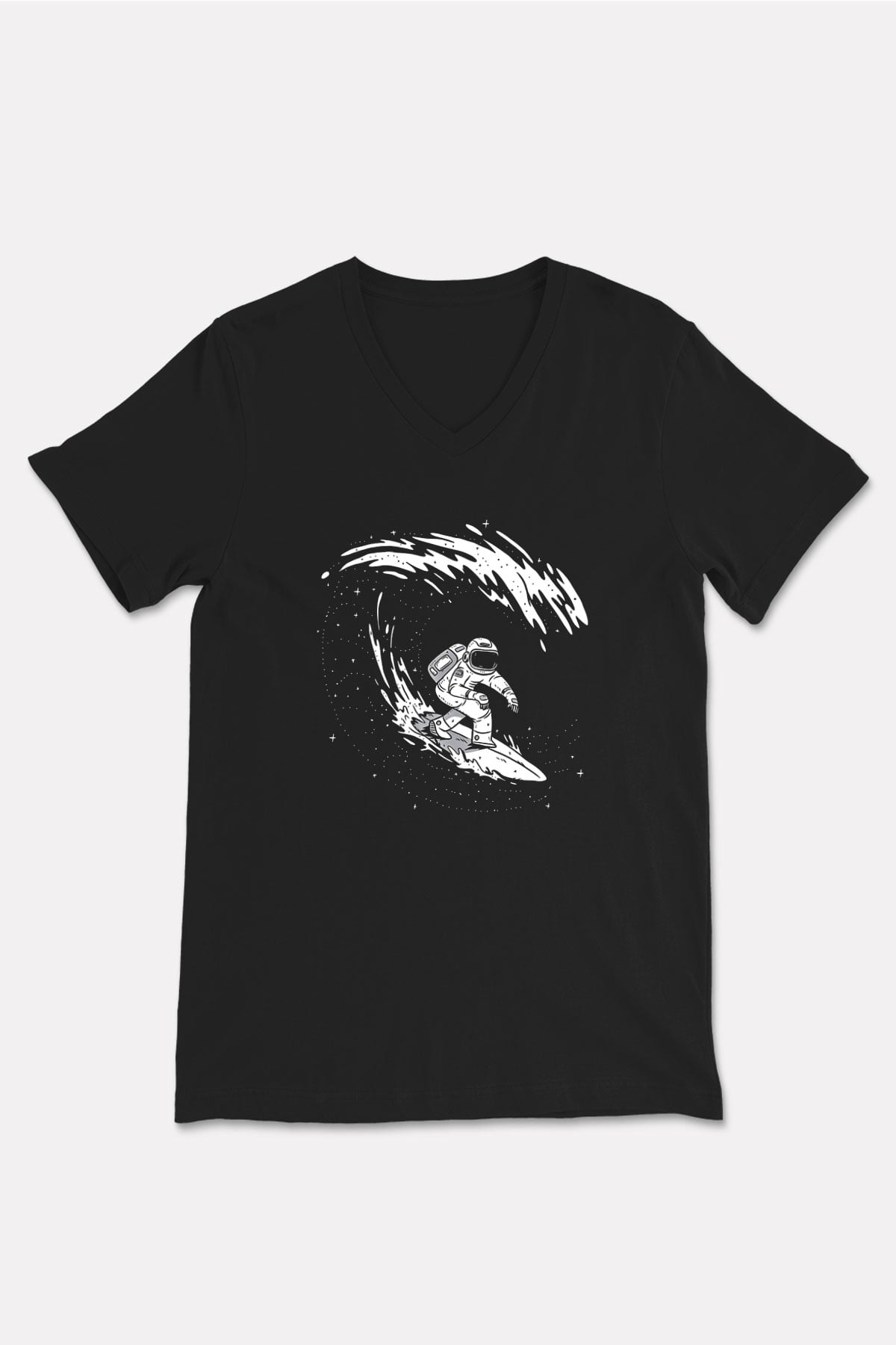 Sörf - Surfing Baskılı Unisex Siyah V Yaka Tişört