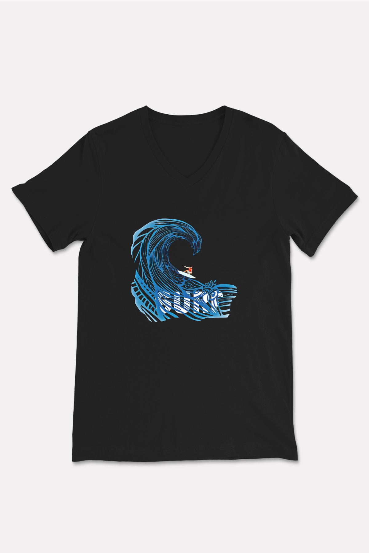 Sörf - Surfing Baskılı Unisex Siyah V Yaka Tişört