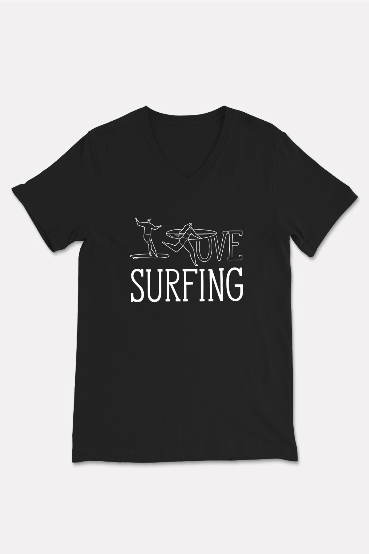Sörf - Surfing Baskılı Unisex Siyah V Yaka Tişört