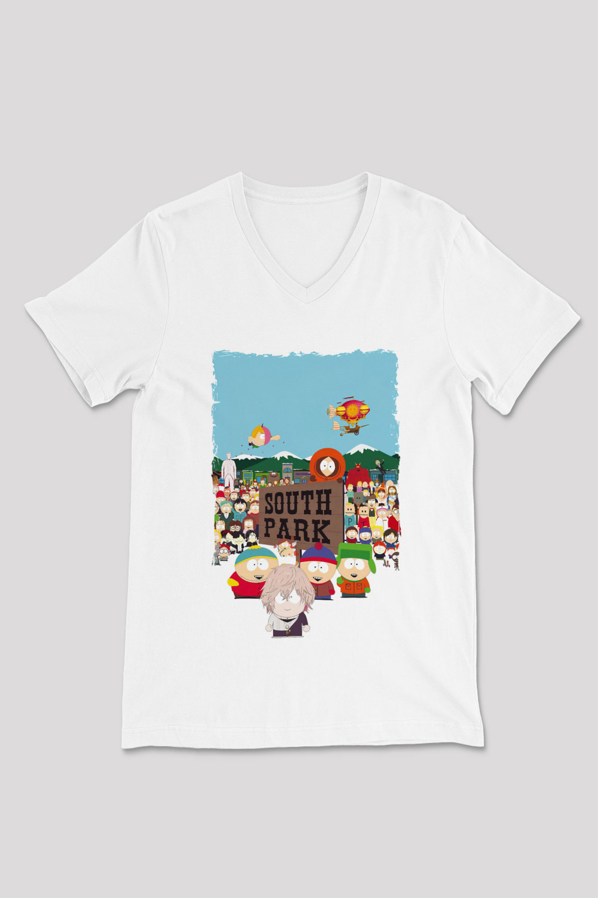 South Park Beyaz Unisex V Yaka Tişört