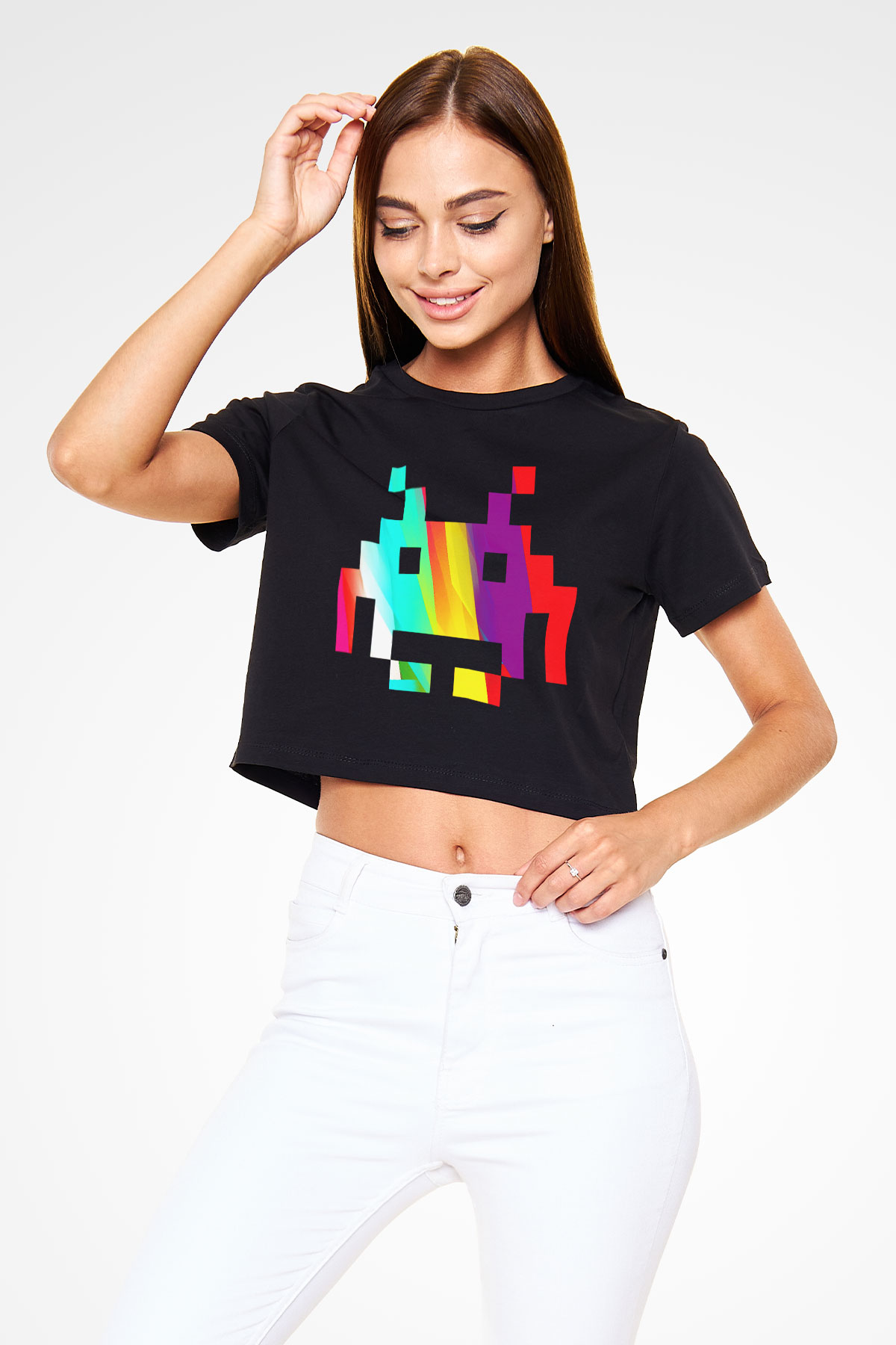 Space Invaders Siyah Crop Top Tişört