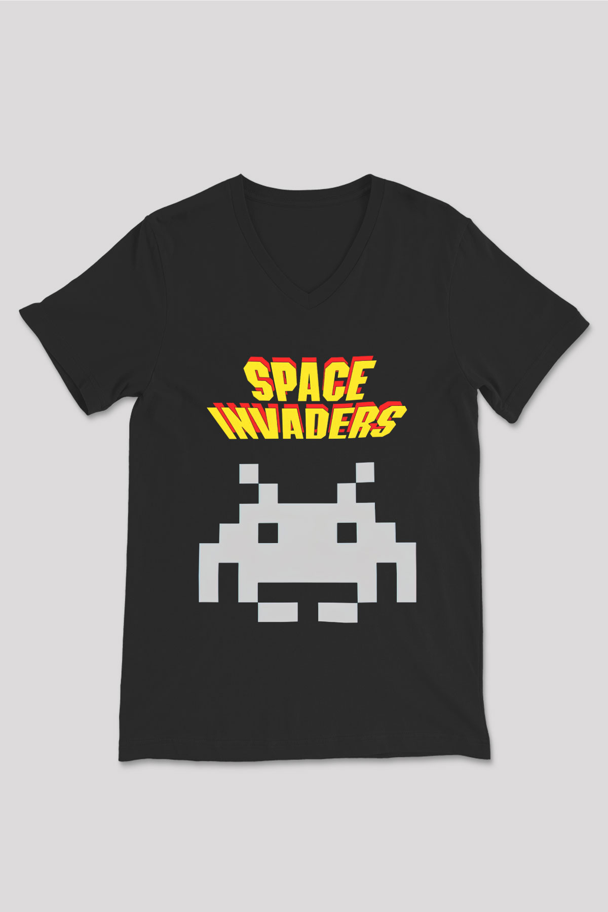 Space Invaders Siyah Unisex  V Yaka Tişört