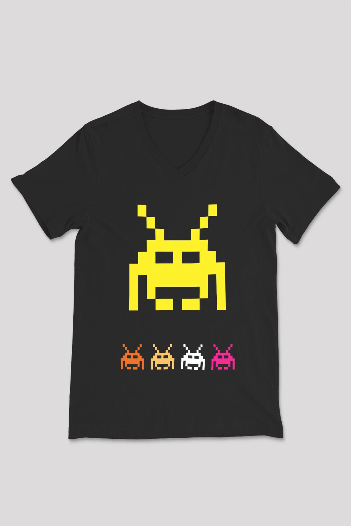Space Invaders Siyah Unisex  V Yaka Tişört