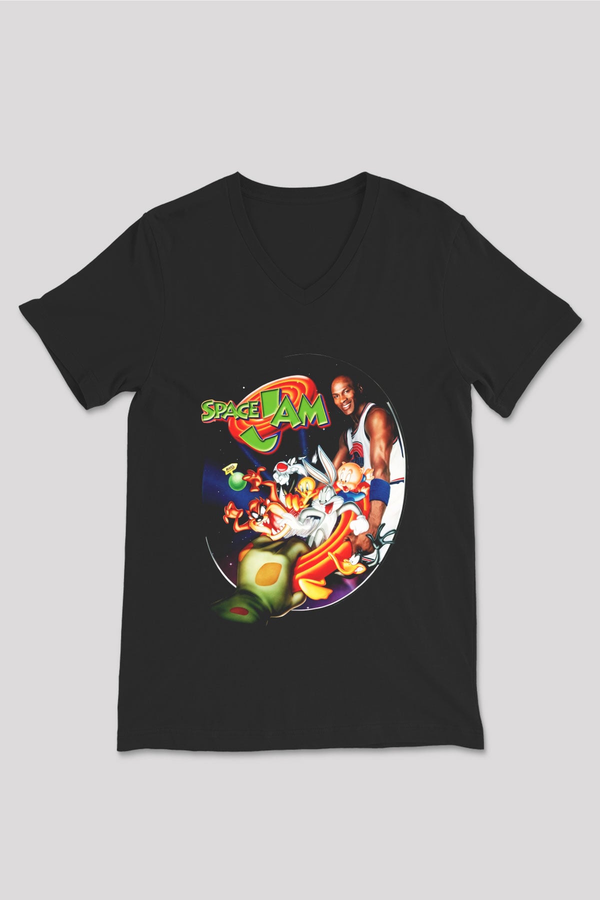 Space Jam Siyah Unisex V Yaka Tişört