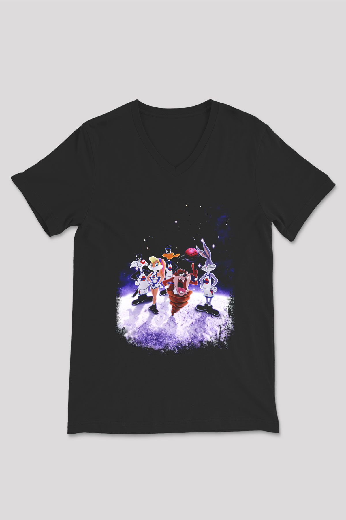 Space Jam Siyah Unisex V Yaka Tişört