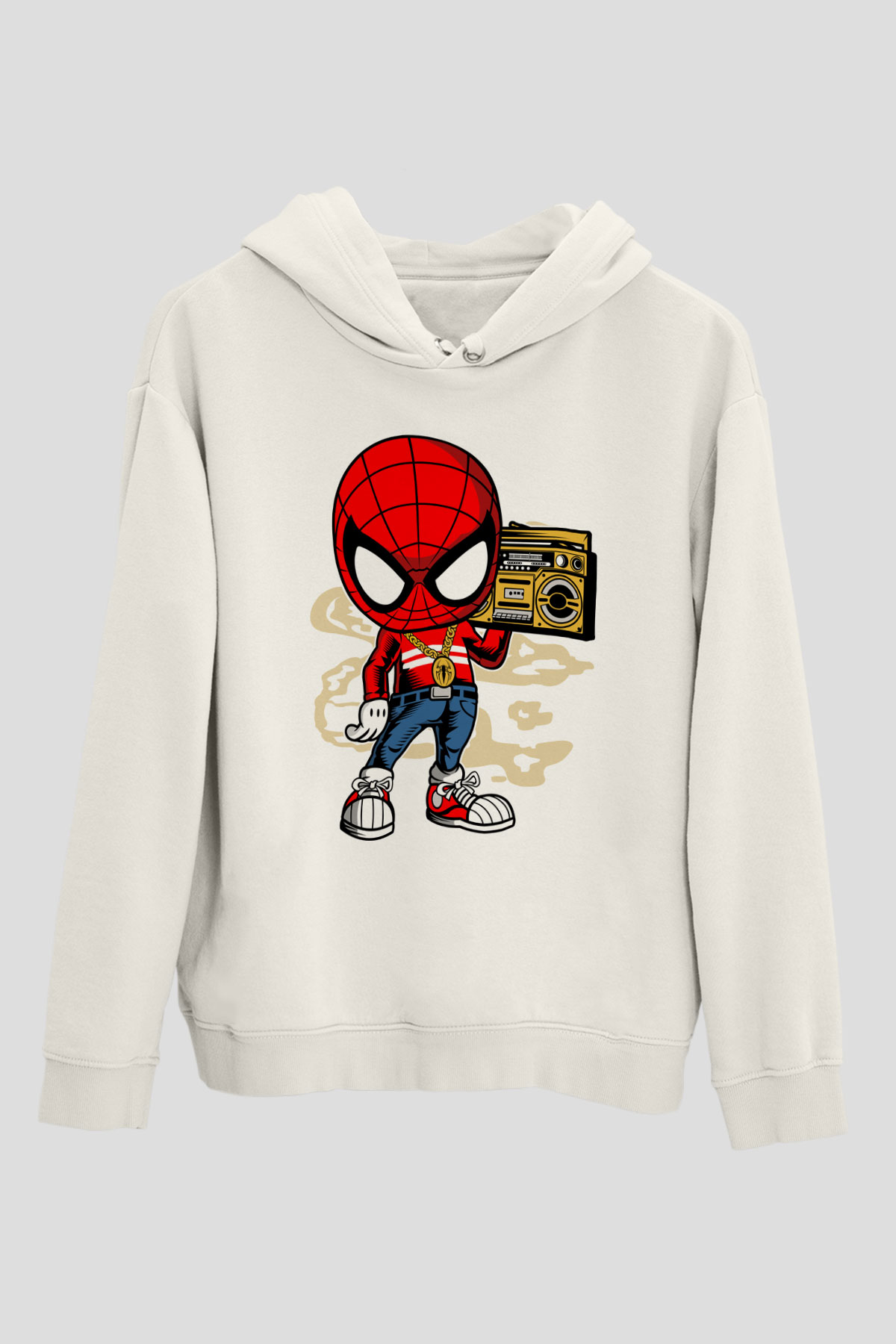 Spider Boombox Baskılı Beyaz Unisex Hoodie