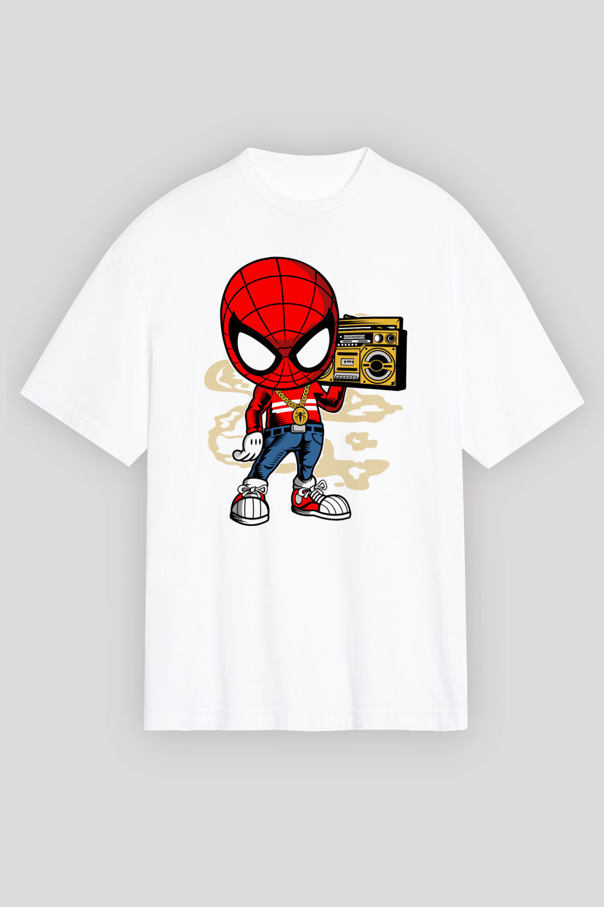 Spider Boombox Baskılı Beyaz Unisex Oversize Tişört