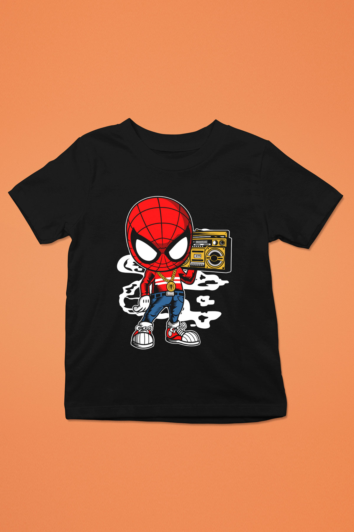 Spider Boombox Baskılı Siyah Çocuk Unisex Tshirt