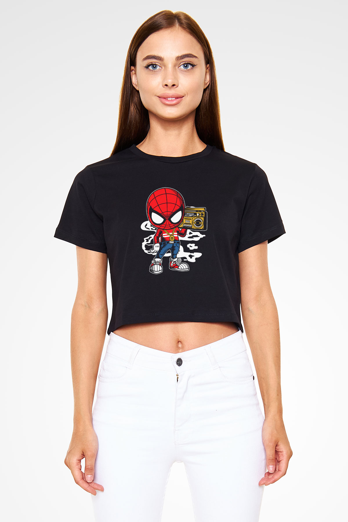 Spider Boombox Baskılı Siyah   Crop Top Tişört
