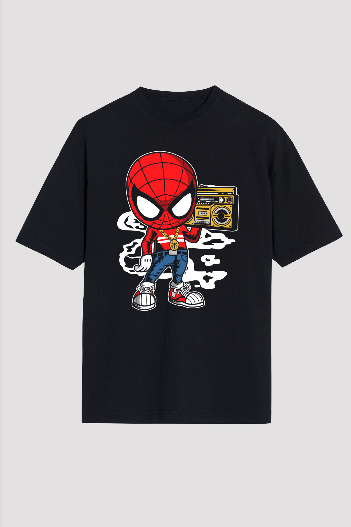 Spider Boombox Baskılı Siyah Unisex Oversize Tişört