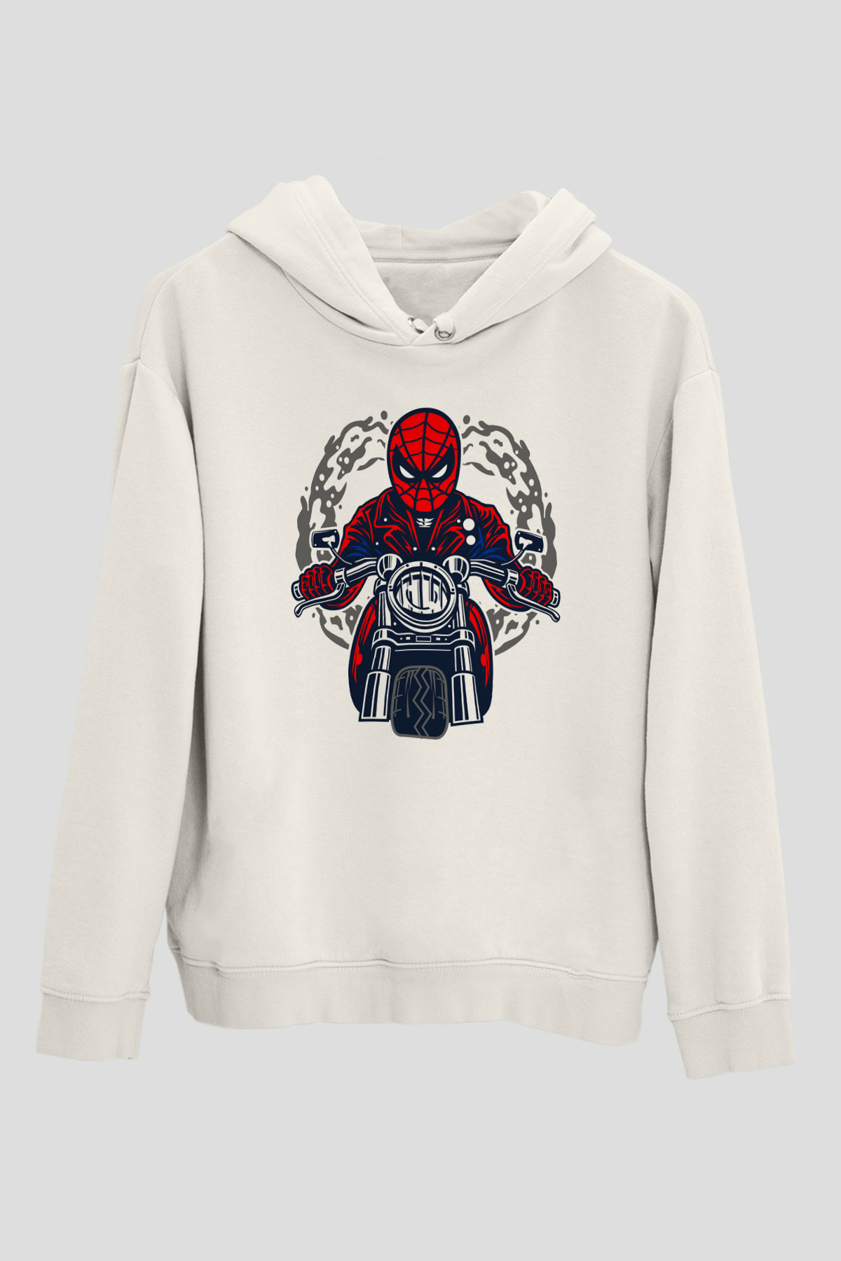 Spider Rider Baskılı Beyaz Unisex Hoodie