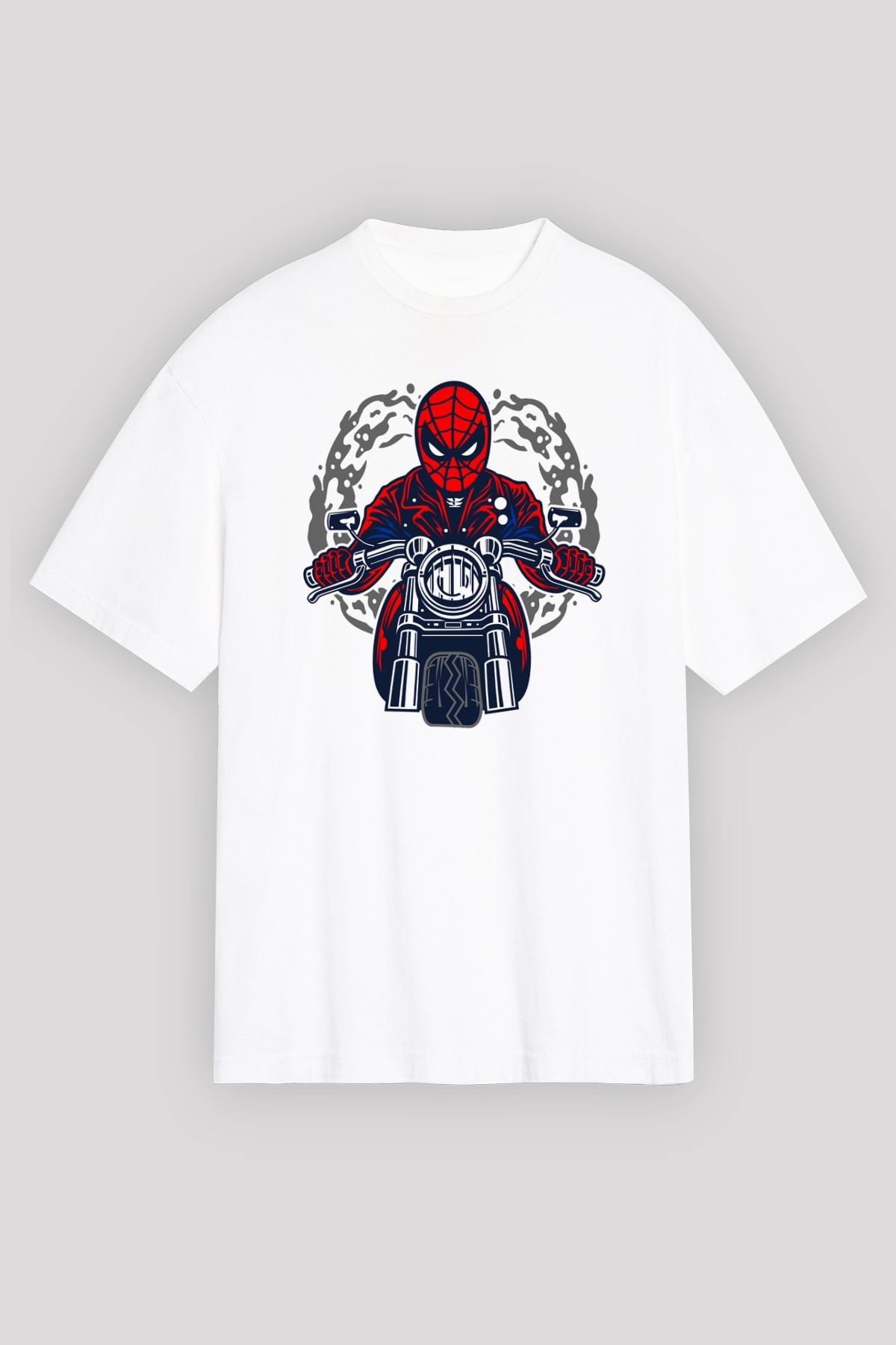 Spider Rider Baskılı Beyaz Unisex Oversize Tişört