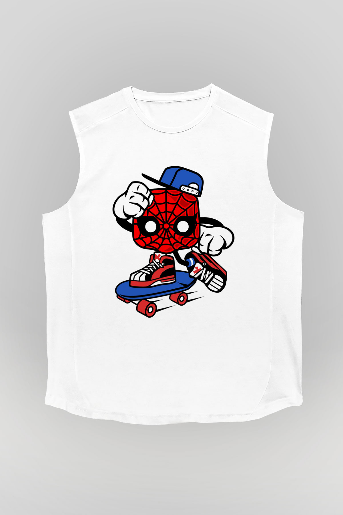 Spider Skater Baskılı Beyaz Unisex Kolsuz Tişört