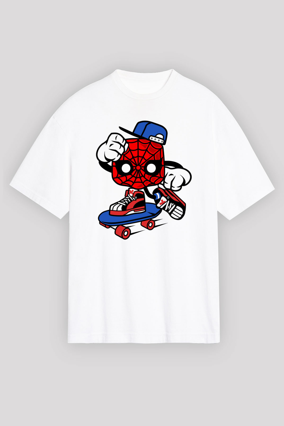 Spider Skater Baskılı Beyaz Unisex Oversize Tişört