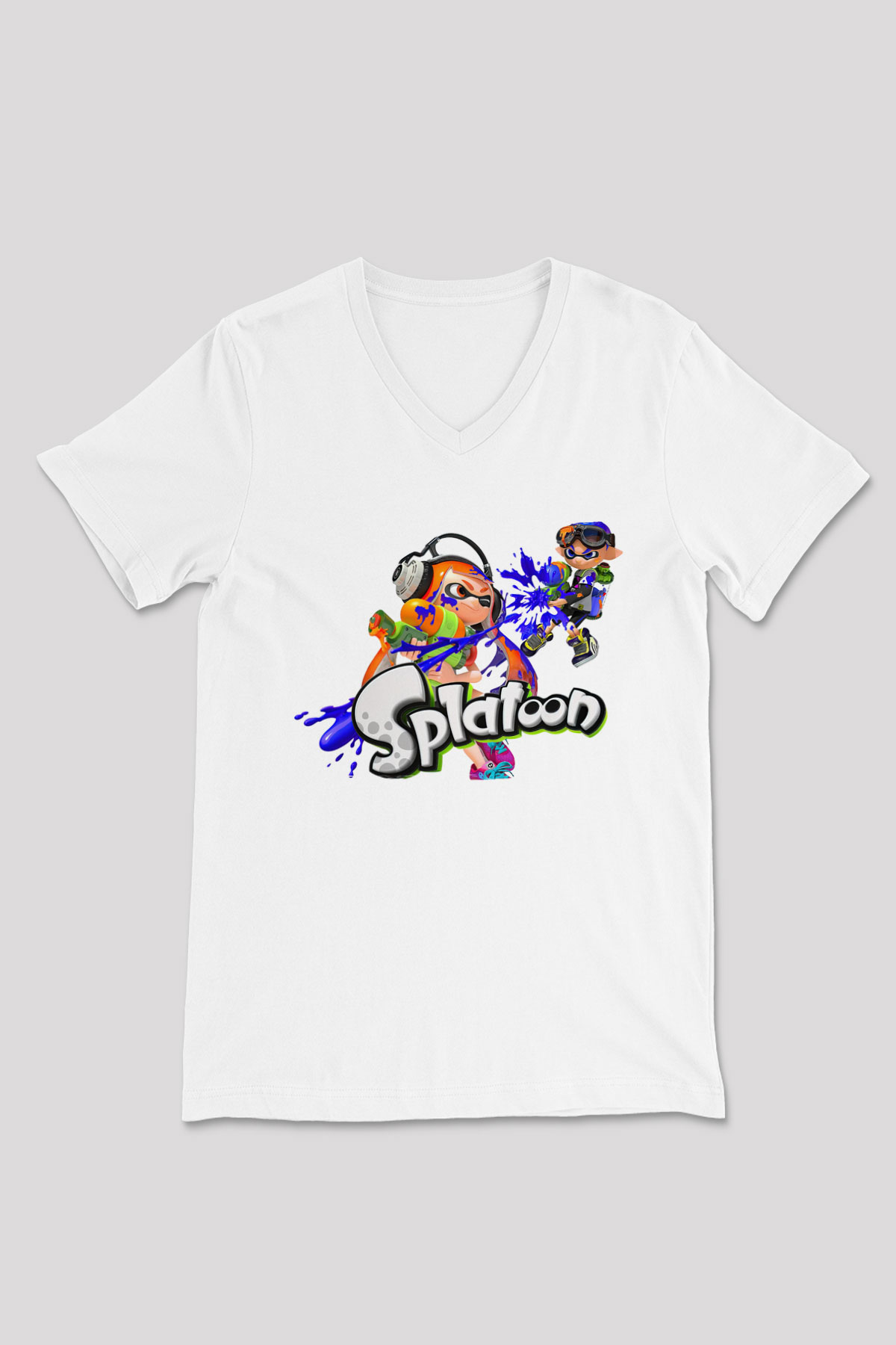 Splatoon Beyaz Unisex V Yaka Tişört